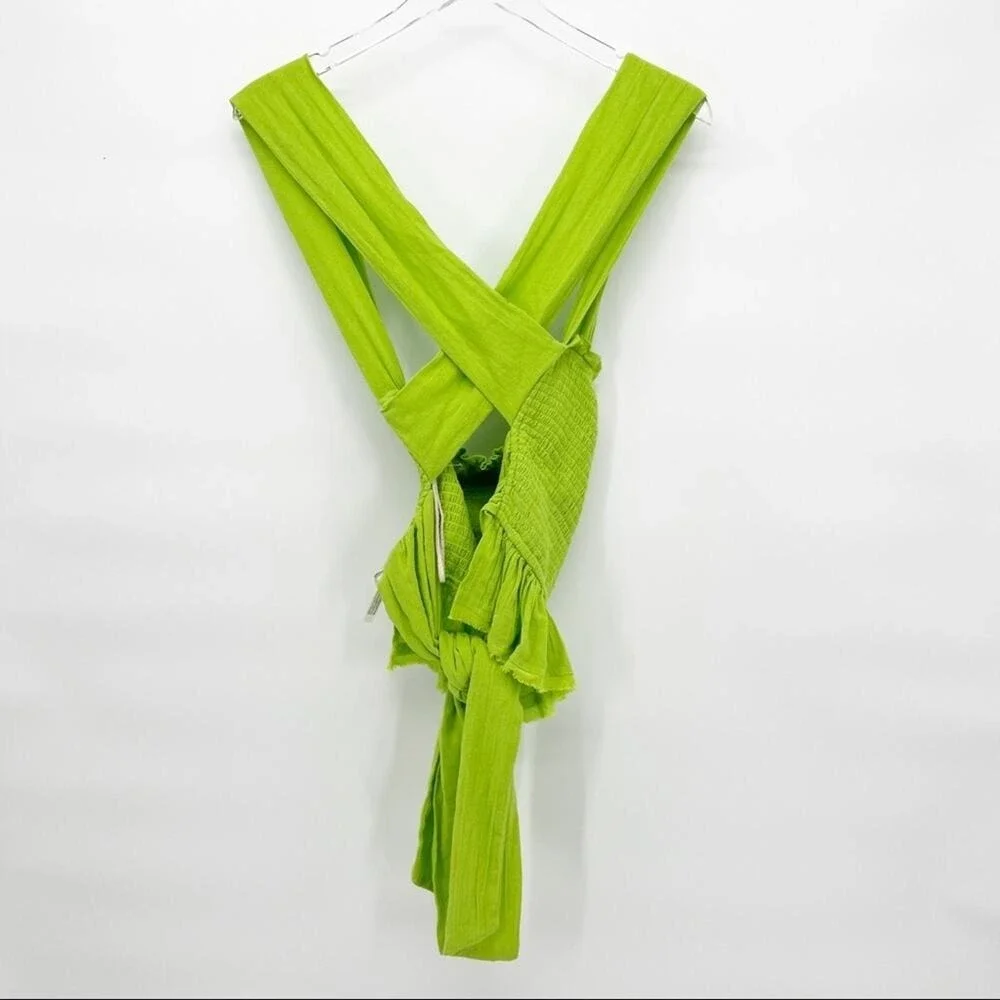 NEW Free People Women's Smocked Ruffle Tie Back Tank Top S Green